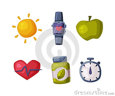 Healthy Lifestyle Objects with Smart Watch, Apple, Cardio Sign, Supplement and Timer Vector Set Stock Photo