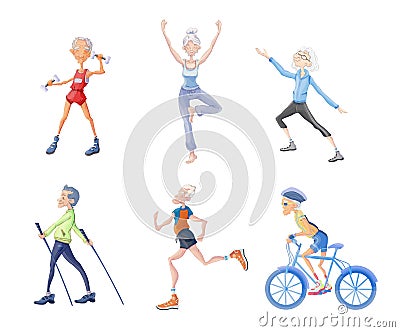 Healthy lifestyle in old age. Elderly people, men and women go in for sports, physical activity in the fresh air. Vector Vector Illustration