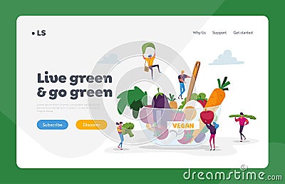 Healthy Lifestyle, Organic Vegan Food Choice Landing Page Template. Tiny Characters at Huge Bowl with Fruits Vector Illustration