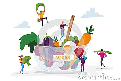 Healthy Lifestyle, Organic Vegan Food Choice. Tiny Characters at Huge Bowl with Fruits, Vegetables and Eggs Vector Illustration