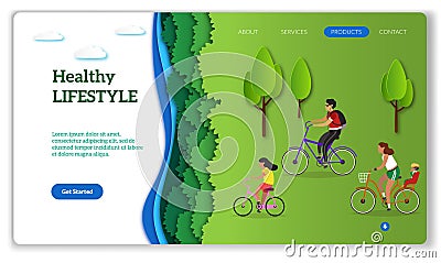Healthy lifestyle page. Active diverse happy family in green recreation park together outdoors for web internet landing Vector Illustration
