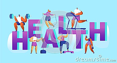 Healthy Lifestyle Sport Banner. Cardio Gym Training Characters Workout Concept for Poster Print. Man and Woman Vector Illustration