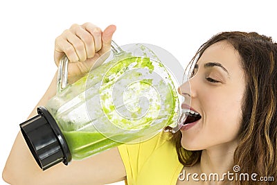 Healthy lifestyle woman drinking delicious green smoothie Stock Photo