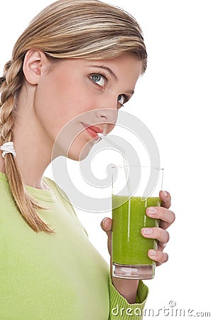 Healthy lifestyle - Woman drinking kiwi juice Stock Photo