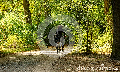 Healthy lifestyle. Woman is riding a bike in a path of Tiergarten park, Berlin, Germany. Nature background Editorial Stock Photo