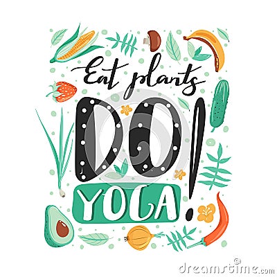 Healthy lifestyle and yoga concept. Composition with vegetables and lettering. Vector Illustration