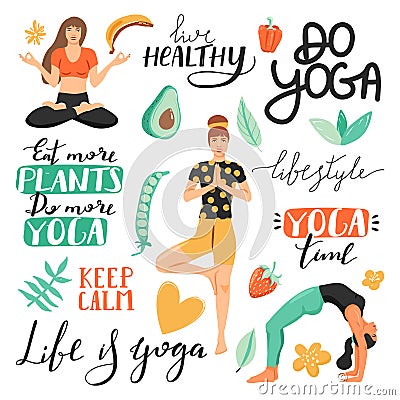 Healthy lifestyle and yoga concept. Set with women in various yoga poses, lettering phrases, leaves, vegetables and fruit. Vector Illustration