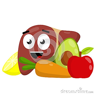 Healthy liver. Happy human organ. Apple and lemon Vector Illustration