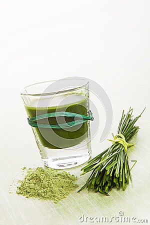 Healthy living. Spirulina, chlorella and wheatgrass. Stock Photo