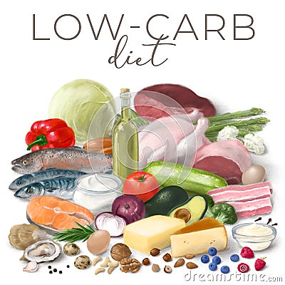 Healthy Low-carbohydrate products. Nutrition concept for Ketogenic diet. Assortment of healthy food ingredients for cooking. Hand Cartoon Illustration
