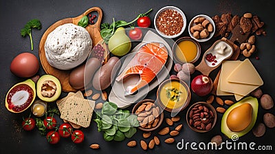 Healthy low carbs products. Ketogenic diet concept. Selective focus, copy space, generative ai Stock Photo