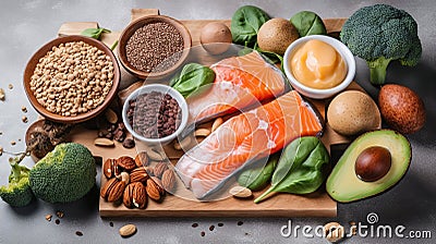 Healthy low carbs products. Ketogenic diet concept. Top view, generative ai Stock Photo