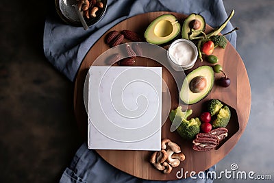 Ketogenic low carbs diet healthy food products on the wooden tray, The keto diet book with space for text,Top view, Generative AI Stock Photo