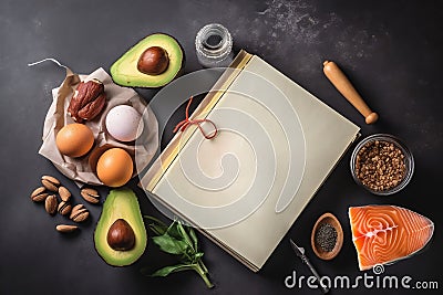 Ketogenic low carbs diet healthy food products, The keto diet book with space for text on black background,Top view, Generative AI Stock Photo