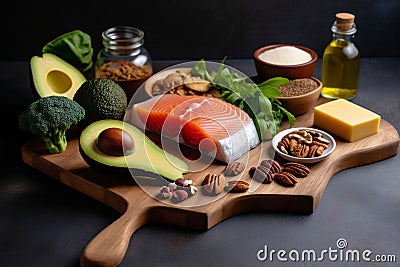 Ketogenic low carbs diet healthy food on the wooden tray, keto foods salmon, olive oil, broccoli, nuts.Top view, Generative AI Stock Photo