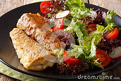 Healthy lunch: fried hake with tomato, radish and lettuce salad Stock Photo