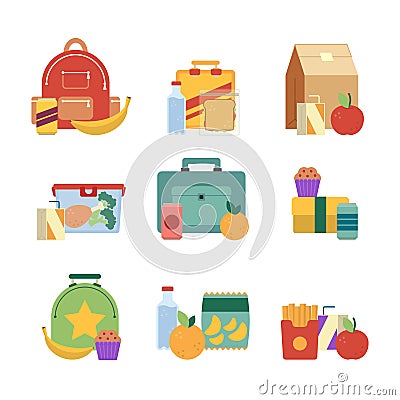 Healthy lunch in plastic box. Lunchbox for kids. Vector illustration set isolate on white background Vector Illustration