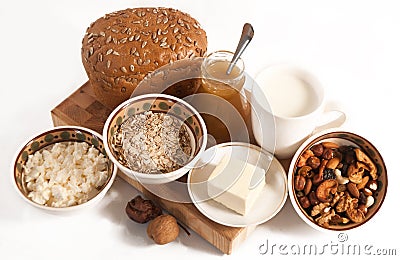 Healthy meal with bread,milk and cereals Stock Photo