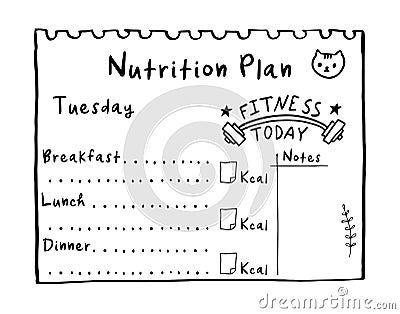 Healthy meal concept for weight loss, calories count in kcal. Cartoon illustration of nutrition plan. Hand drawn diet plan in Vector Illustration