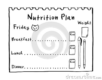 Healthy meal concept for weight loss, calories count in kcal. Cartoon illustration of nutrition plan. Hand drawn diet plan in Vector Illustration