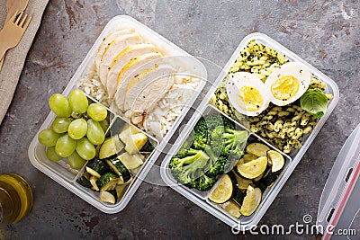 Healthy meal prep containers with chicken and rice Stock Photo