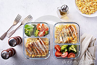 Healthy meal prep containers with chicken and rice Stock Photo