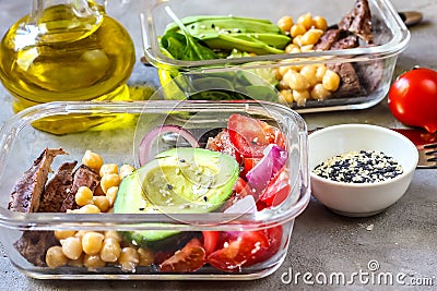 Healthy meal prep containers with chickpeas, goose meat Stock Photo