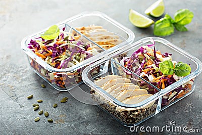 Healthy meal prep containers with quinoa and chicken Stock Photo