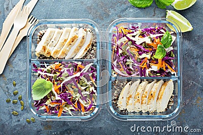 Healthy meal prep containers with quinoa and chicken Stock Photo