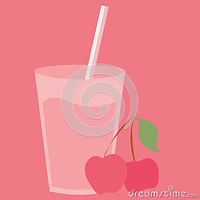 Healthy natural cocktail drink with sweet cherry. Fresh organic cherries summer vegetarian smoothie. Vector Illustration