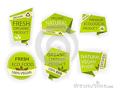 Healthy nature organic vegan emblem. Fresh nutrition tag, logo. Labels ecology food. Set certified product of bio, eco. Design eco Stock Photo