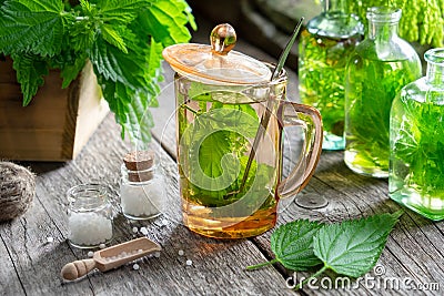 Healthy nettle tea, bottles of infusion, nettle plants and bottle of homeopathic globules. Stock Photo