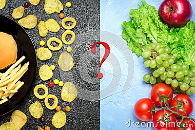 Healthy nutrition concept. Fruits and vegetables vs unhealthy fa Stock Photo