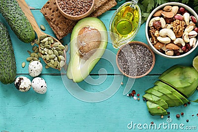 Healthy and nutrition food - avocado, chia and flax seeds Stock Photo