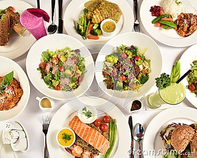 Healthy and Nutritious Food Consists of Vegetable, Fruits, Seafood Stock Photo