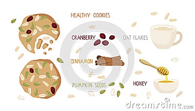 Healthy oat coookies full of pumpkin seeds, grains and dried cranberry. Ingredients for recipe of Homemade oatmeal Vector Illustration