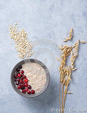 Healthy oats porridge with cranberries on light blue background with oatmeal ears. Healthy breakfast diet food Stock Photo