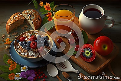 healthy organic breakfast with tea and sweets Stock Photo