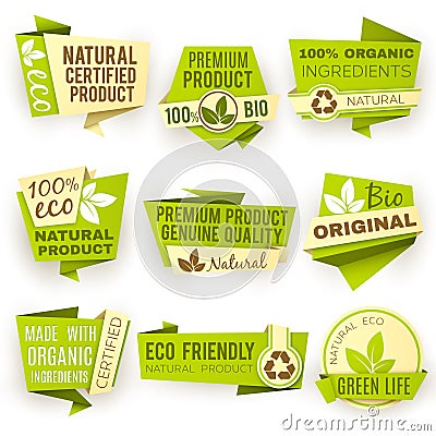 Healthy organic farm fresh product vector stickers. Green vegan food badges and labels Vector Illustration