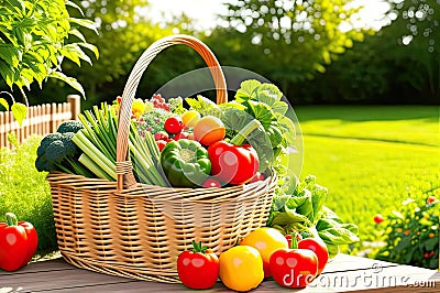 Healthy and Organic Picnic Hamper with Fresh Produce and Fruit in Wicker Basket. Generative Ai Stock Photo