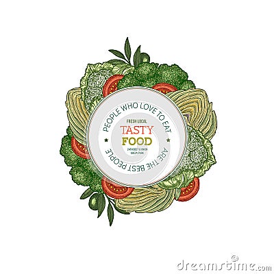 Healthy organic vegetables design template. Broccoli, artichoke, tomato, olive. Vector illustration. Vector Illustration