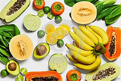 Healthy Organic Vegetables, Fruits Background. Vegetarian Nutrition. Diet, Vitamins Concept Stock Photo