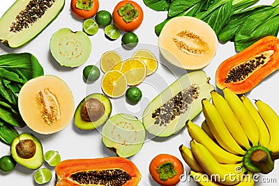 Healthy Organic Vegetables, Fruits Background. Vegetarian Nutrition. Diet, Vitamins Concept Stock Photo