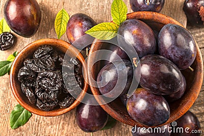 Healthy organically grown plums with dried plum fruits Stock Photo