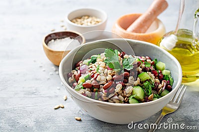 Healthy pearl barley salad with beans, cucumbers, red onion, sunflower seeds, pomegranate and parsley in bowl Stock Photo