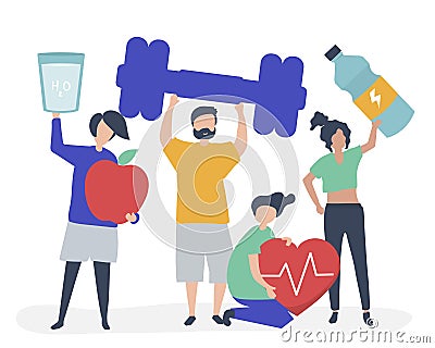 Healthy people carrying different icons related to healthy lifestyle Vector Illustration