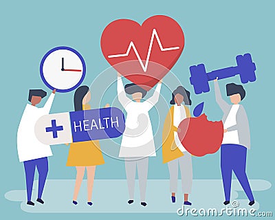 Healthy people carrying different icons related to healthy lifestyle Vector Illustration