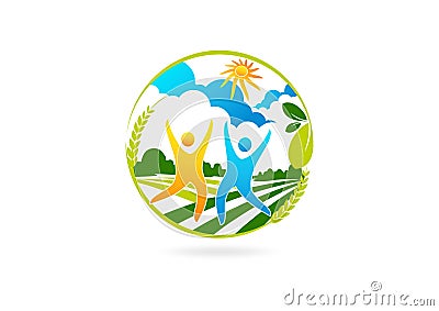 Healthy people logo, success farm symbol, nature happy partnership icon and therapy concept design Vector Illustration