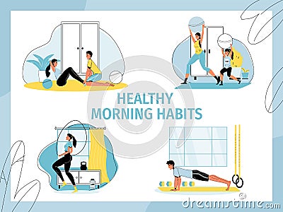 Healthy people morning habits workout activity set Vector Illustration