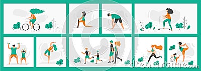 Healthy people poster. World health day greeting cards and flyers, cartoon characters doing outdoor activities and Vector Illustration